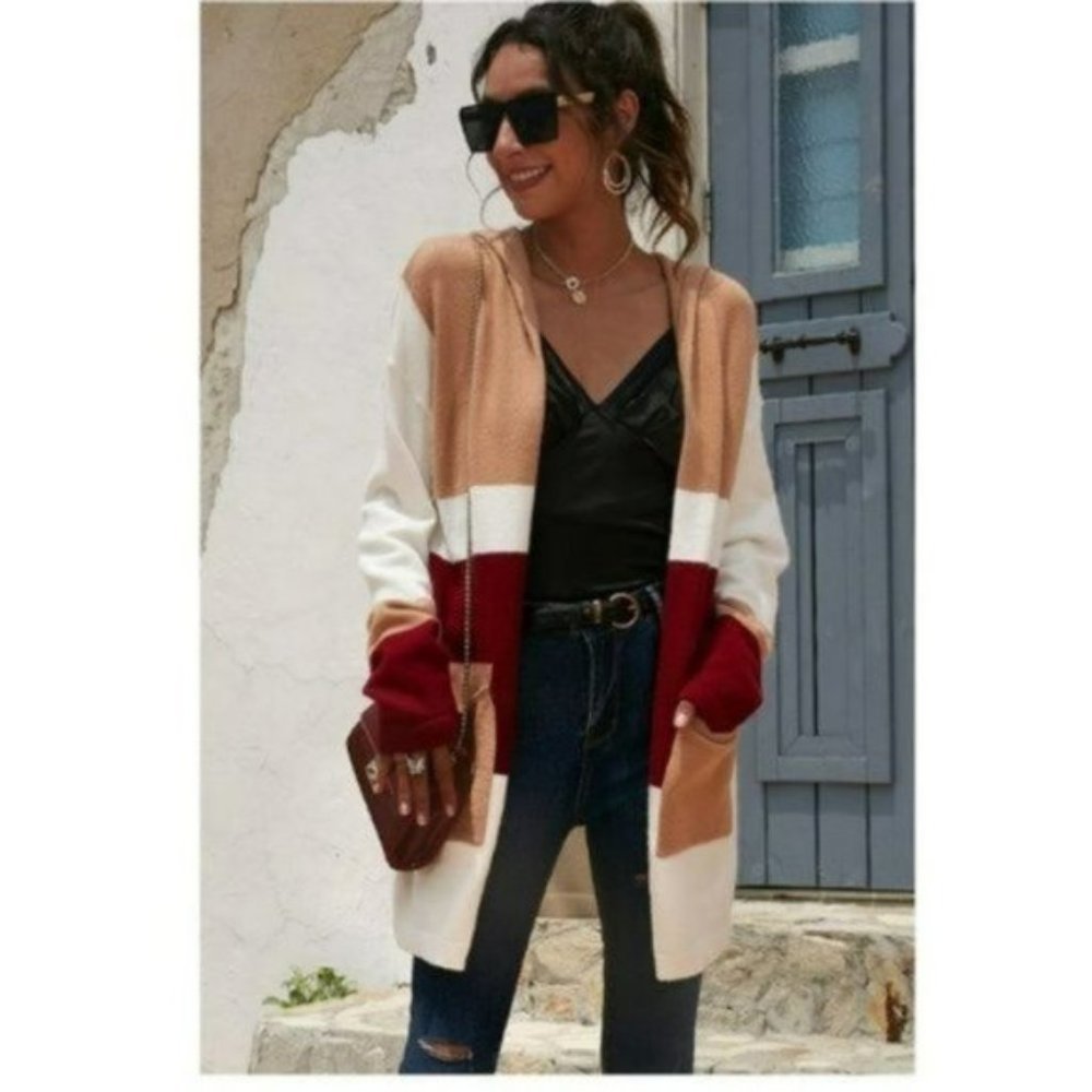 🆕Color Block Hooded Open Front Cozy Knit Cardigan